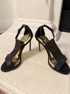 Ted Baker London Black Sequined T-Strap Stiletto Sandals, Size 7.5